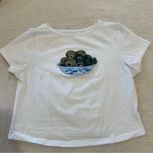 White Crop Tee with Olive Bowl Graphic